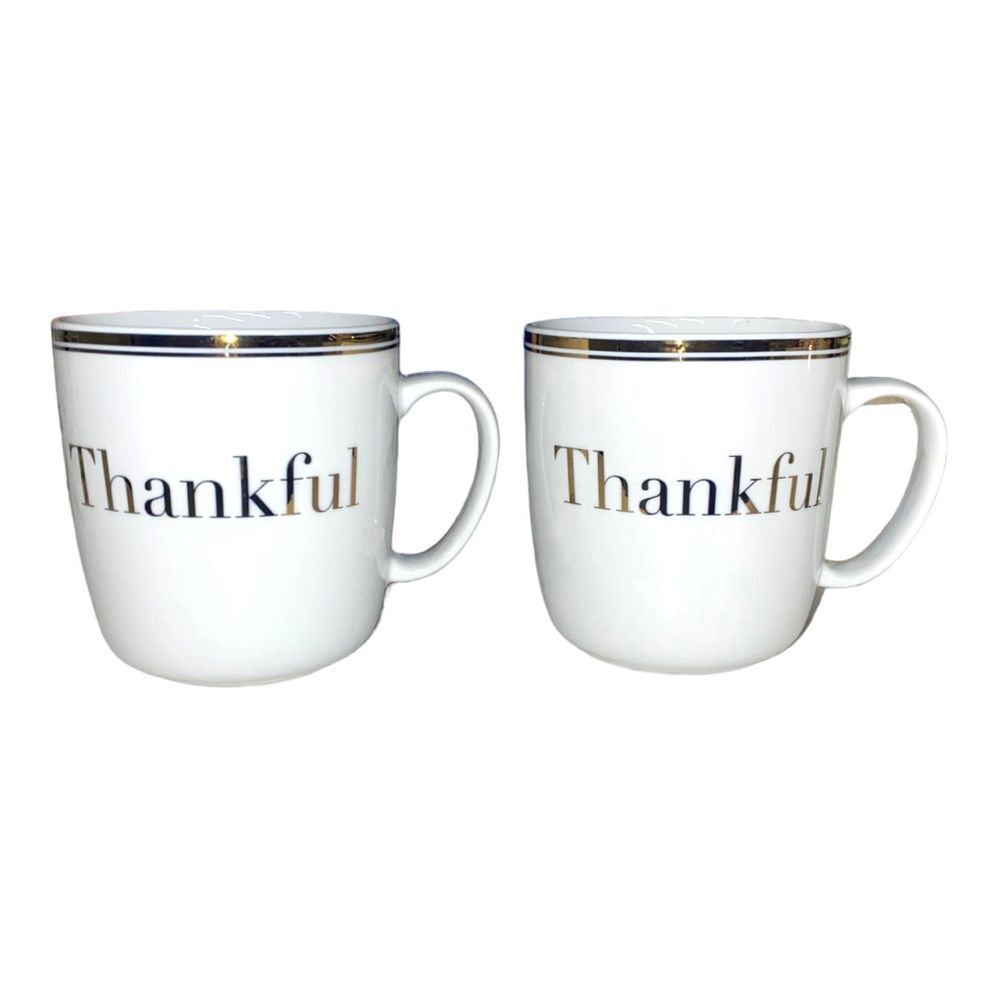 Williams Sonoma Open Kitchen Set of Two White and Gold Thankful Mugs